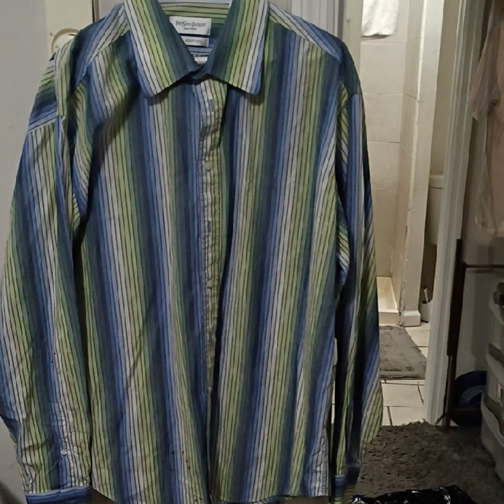 Yves Saint Laurent Men's Striped Shirt - Blue, Green, and White